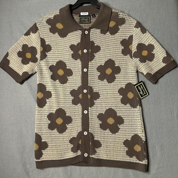 Massive Luxury Edition Sweater Mens Medium Brown Tan Floral Knit Button Up Retro - Picture 2 of 8